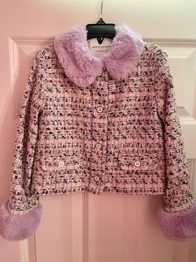 Janie and Jack Girl’s Pink Lilac Tweed Cropped Jacket with Faux Fur Trim